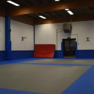Vue du Dojo du JJKBCV Le Tatami permanent du Hakll Omnisport de Visé utilisé par le JJKBCV